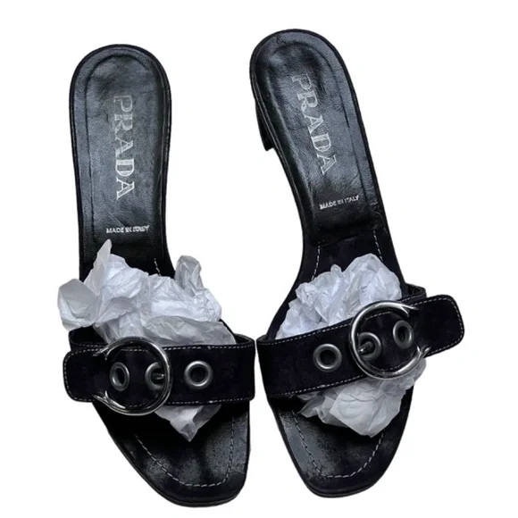 Prada Low Block Heel Buckle Strap Slide On Suede Leather Sandal - Picture 8 of 15